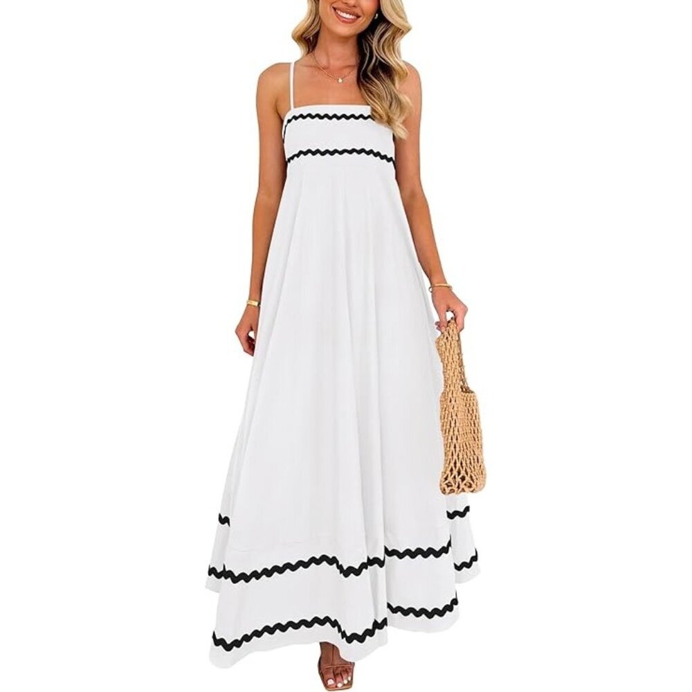 White Maxi Dress With Black Trim Sleeveless Adjustable Spaghetti Straps Flowy Fi